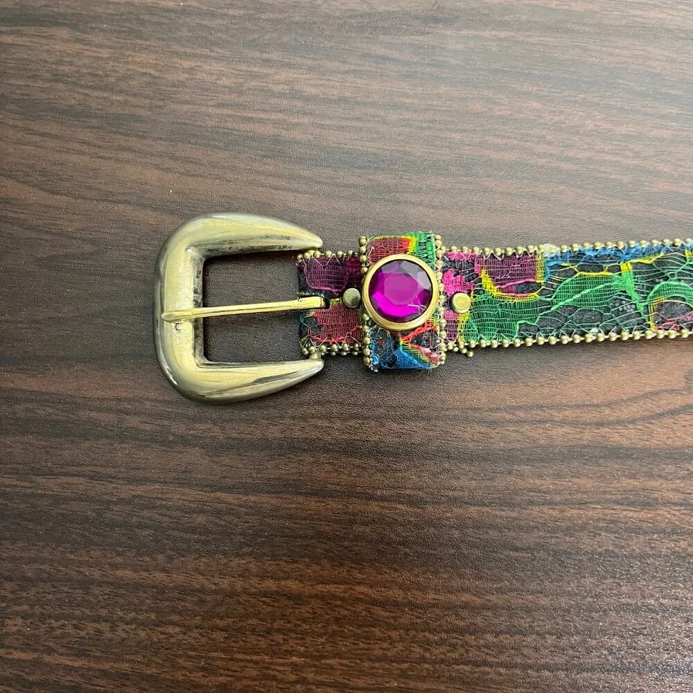 Bejeweled Gem Stone Topaz Sapphire Emerald Glitter Women's Belt Sz 38”